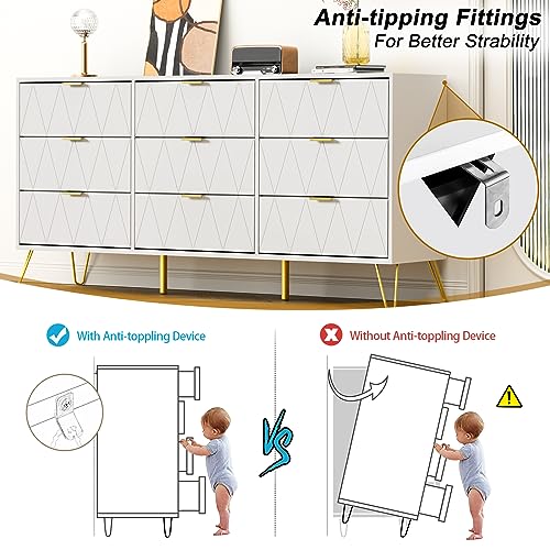 Anbuy White 9 Drawer Dresser for Bedroom with Deep Drawers, Wood Dressers & Chest of Drawers with Gold Handles, Modern Long Dressers for Closet Living Room (White)