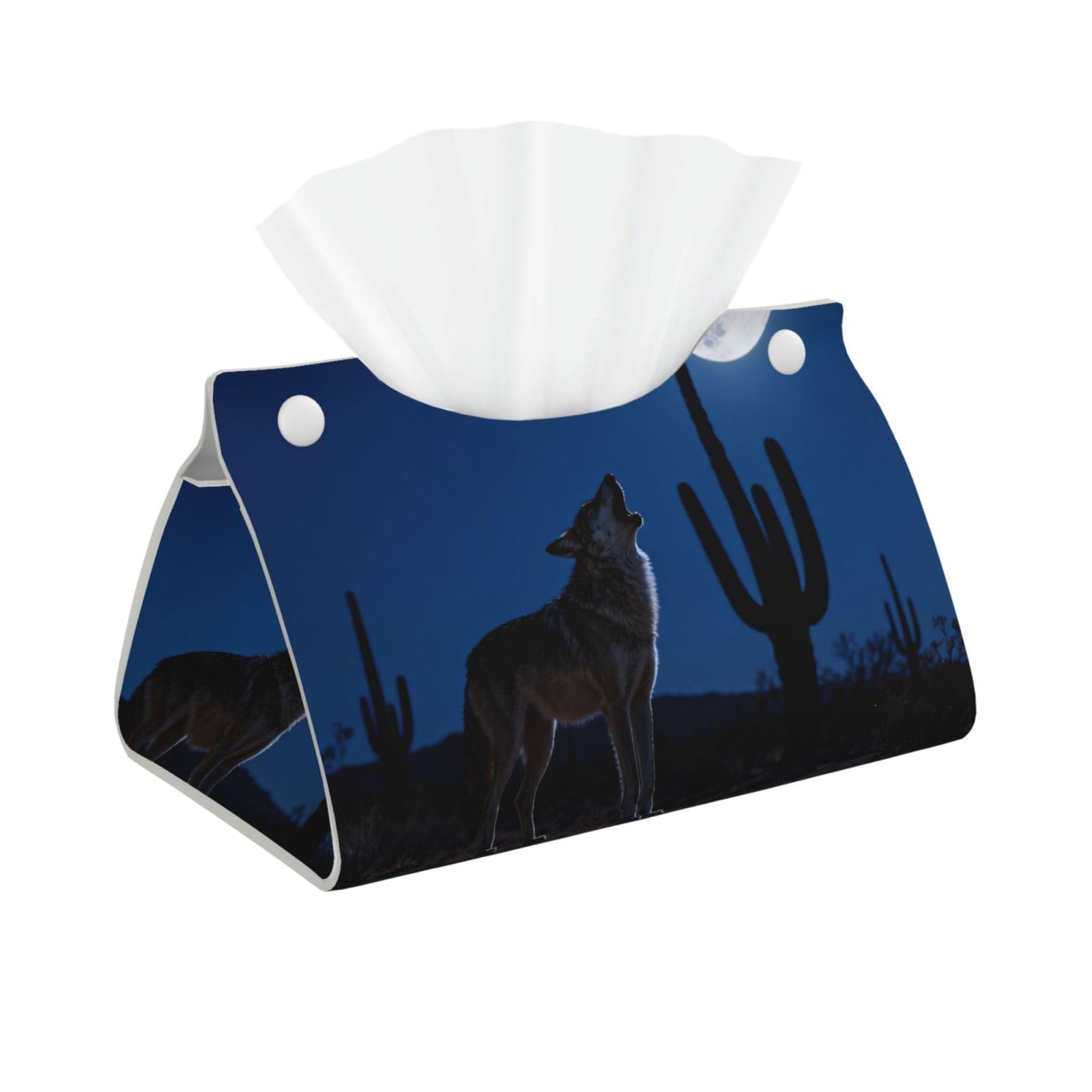 Coyote Howl Moon Long Leather Tissue Box Cover-Waterproof PU Leather Tissue Holder for Bathroom, Decorative Rectangular Tissue Case