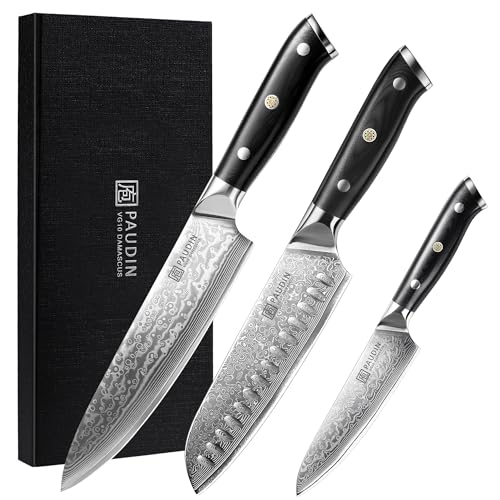 Image of PAUDIN Damascus Knife Set 3 PCS, Japanese VG10 Steel Core, Ultra Sharp Chef Knife Set, Full Tang G10 Handle, Damascus Kitchen Knives
