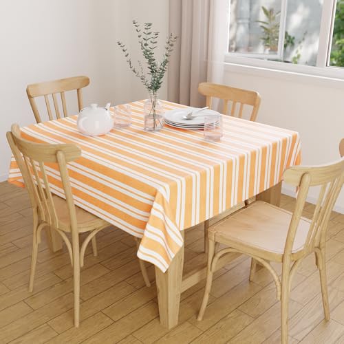 Image of Encasa XO Cotton Square Table Cloth for 4 Seater | (142x142 cm) | Franca Yellow Stripes | Dining Tablecloth for Decoration