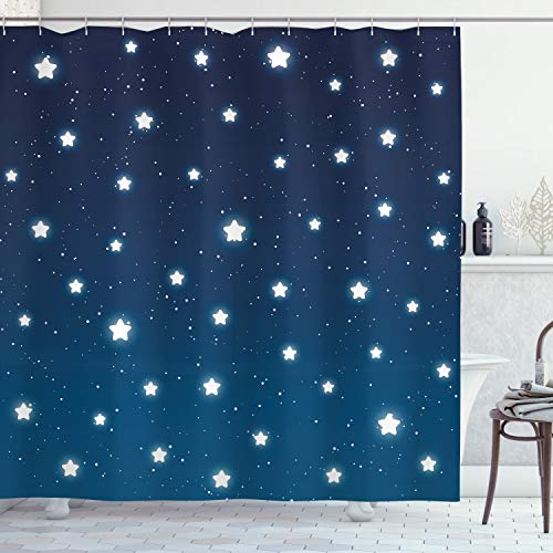 Ambesonne Sky Shower Curtain, Starry Night Theme with Cartoon Style of Stars Pattern and Vast Sky Simple Style of an Illustration Print, Cloth Fabric Bathroom Decor Set with Hooks, 70" Long, Blue Navy
