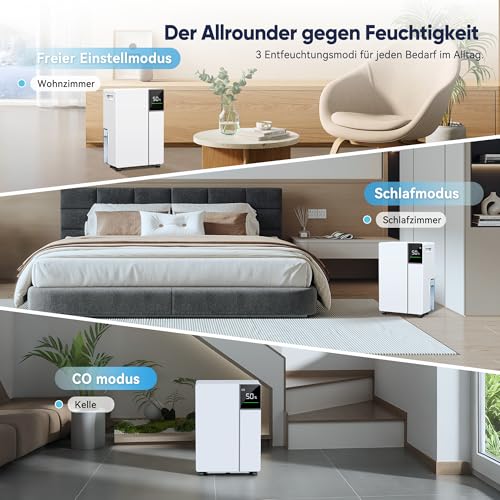 Fwoueot Luftentfeuchter Elektrisch, Raumentfeuchter mit Kompressor,16L/24h Entfeuchter für Räume bis zu 45m² (120m³), Automatische Abtauung, 3 Modi, 24h Timer, Großer Tank 2L Mit Rädern,Schlafzimmer
