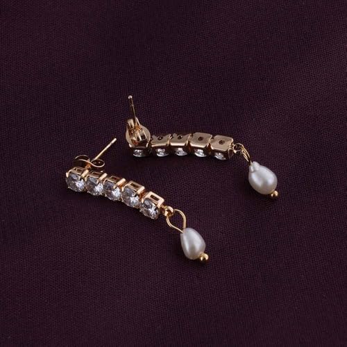 Image of PALMONAS 18k Gold Plated Pearl Drop Diamond Earring for Women - Gift for Girls & Women | Waterproof & Anti-Tarnish Earrings