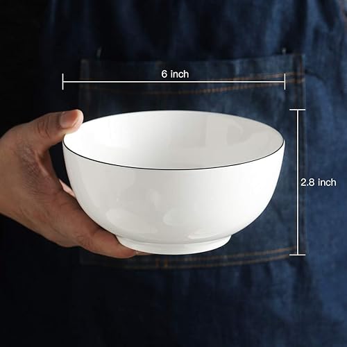 Miniatura 4 de YOLIFE Juego de 6 cuencos de cerámica para cereales, cuencos de porcelana blanca de 26 onzas para ramen de sopa (borde negro)