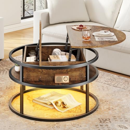 Dripex Round Lift Top Coffee Table with Storage - Adjustable LED Lighting & Hidden Compartment, Ideal for Home Office, Retro Brown Centre Table for Living Room