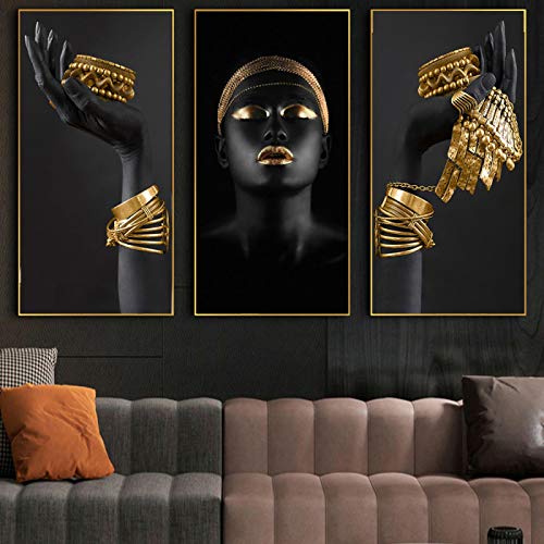 Tableau femme africaine moderne 30x60cm triptyque sans cadre pour décoration de salon