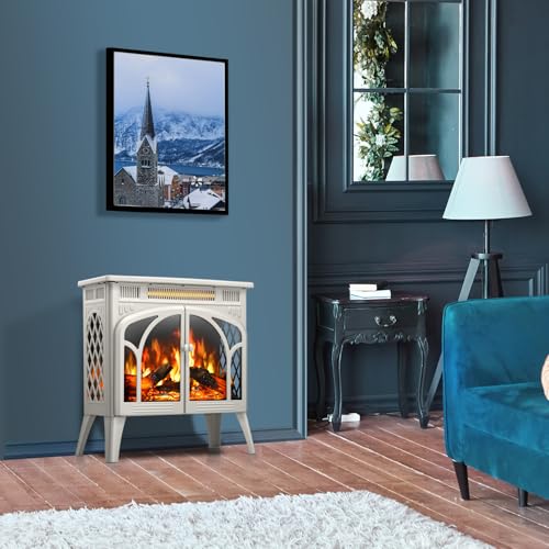Image of R.W.FLAME Electric Fireplace Heater 25 inch with Remote, Cathedral Stylish, Different Flame Effects and Log Set Colors, Adjustable Brightness and Heating Mode, Overheating Safe Design, Beige