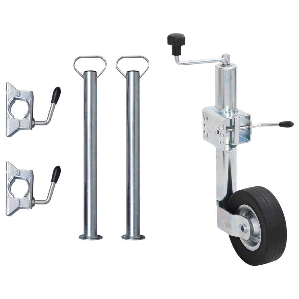Stützrad 60 mm mit 2 Stützrohren und 3 Klemmen, verstellbar von 63 bis 87,5 cm, verzinkter Stahl, Vollgummireifen für Anhänger