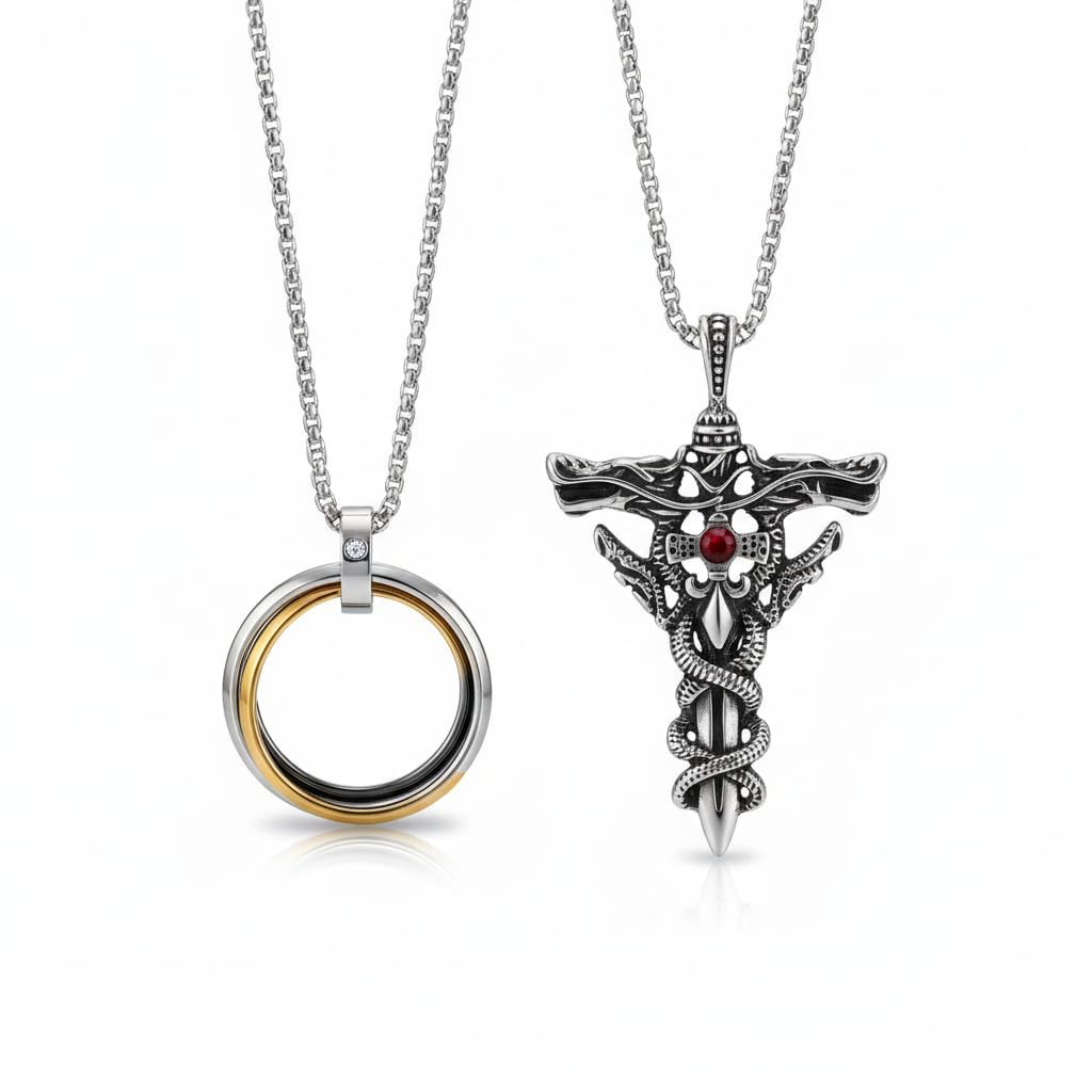 Silver Chain for Man, Gold Three Ring with Dragon Sword Necklace for Men, Stylish Neck Chain for Boys, Anime Accessories, Locket for Men, Fashion Jewelry-image-29