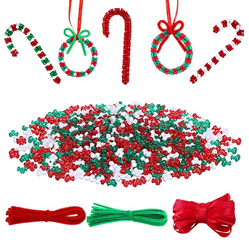 YBB 1500 Pcs Christmas Tri-Shaped Beads Ornament Kit with 50 Pieces Chenille Stems and Red Ribbon, Plastic Tri Beads for Christmas Tree Candy Cane Wreath DIY Hanging Decoration