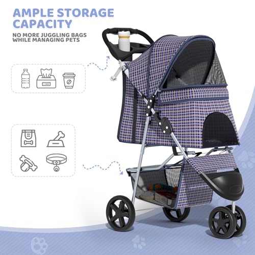 Image of Magshion 3-Wheel Pet Stroller, Foldable Travel Jogger for Small & Medium Dogs & Cats (Up to 33lbs), Lightweight Carrier with Breathable Mesh Cover, Cup Holder & Storage Basket, Plaid
