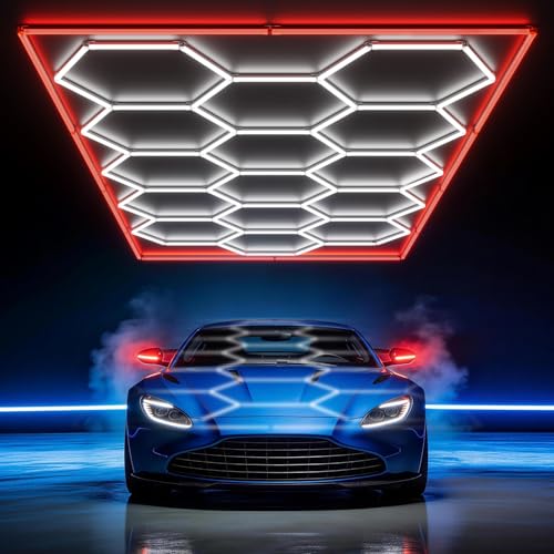 HYPERLITE Gen II Hexagon Garage Lights: 15 Grids with Border DIY Hexagon Led Lights, 6500K Ultra Bright, Easy Install Hex Light, Durable Design for Garage, Car Detailing, Workshops, Gym(Red)