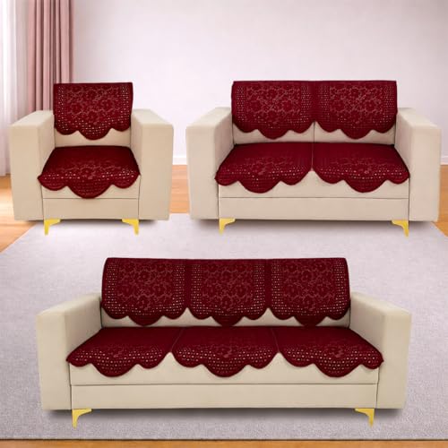 Image of Homerz Premium 'Surya Series' Sofa Cover | Stylish Sofa Protector | Net Fabric | Anti-Stain & Washable Slip Cover Exact Size Antislip (Flower Valley Maroon, 6 (3+2+1) Seater, Seat Cover with Backrest)