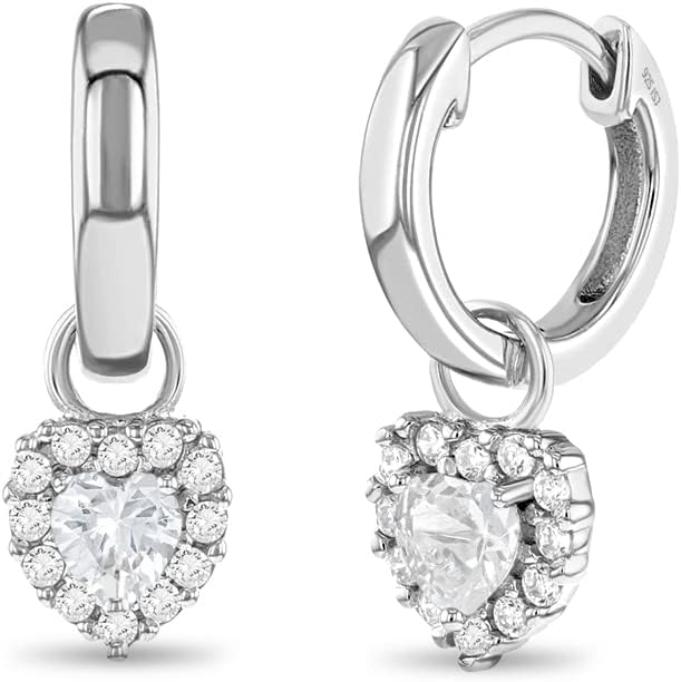925 Sterling Silver Heart Dangle Hoop Earrings for Little Girls & Pre-Teens 11mm - Heart Themed Jewelry Gifts for Girls - Huggie Hoop Earrings for Everyday & Formal Wear