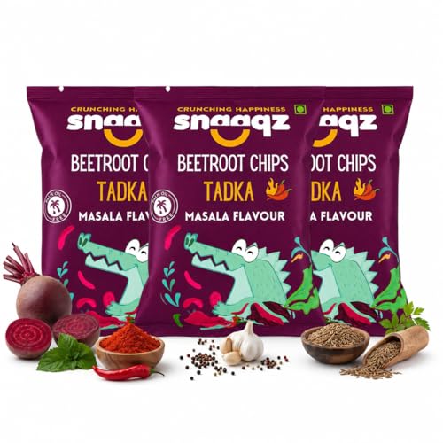 Image of Snaaqz Beetroot Chips Tadka Masala Flavour | Crunchy Vegetable Chips | Palm Oil Free Snack | Ready-to-Eat Healthy Snack for Kids & Adults (Pack of 3 x 70gm)