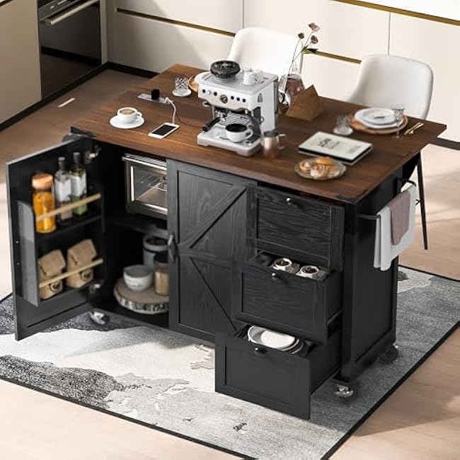 Drop Leaf, Rolling Cart,Storage Cabinet,54.5,Artificial Board,on Wheels, with Power Outlet, with Internal Storage Rack, Spice Rack,Kitchen,Dining Room-wnde0LDo