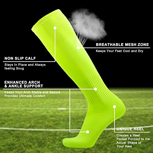 Three street Soccer Socks Men 6-8,Boys Youth Over-The-Calf Athletic Sport Team Halloween Costume Cosplay Socks for Football Baseball Rugby Neon Green Yellow 2 Pairs Small - Thumbnail 4