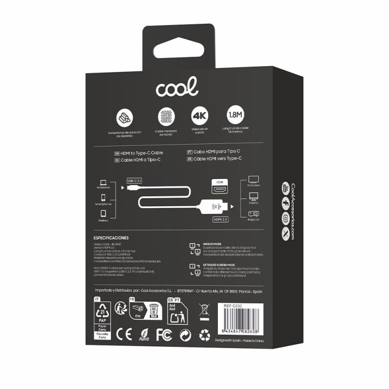 Cable HDMI a Tipo-C COOL de 1.8 metros para transmision de audio y video con resolucion Ultra 4K 4