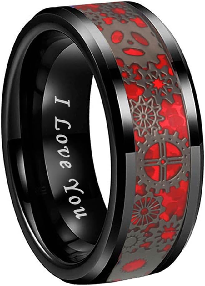 TUTISS 8mm Blue Red Green Carbon Fiber Steampunk Gear Inlay Silver and Black Tungsten Rings for Men Women Wedding Bands Beveled Edges I Love You Engraved Comfort Fit