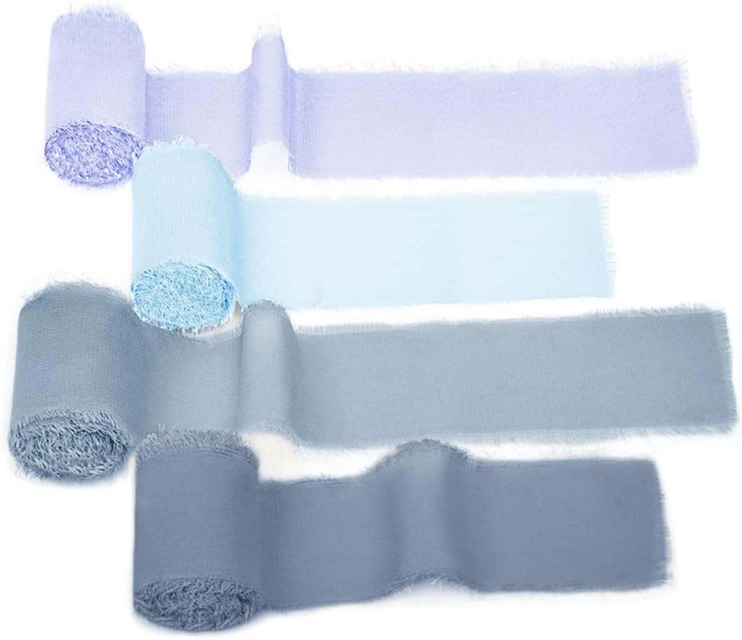 Socomi Chiffon Ribbon Fringe Color Swatch 1-3/4" x 3Yd, 4 Rolls Ribbons for Bouquets Wrapping Decor Wedding Invitations Evening Sky