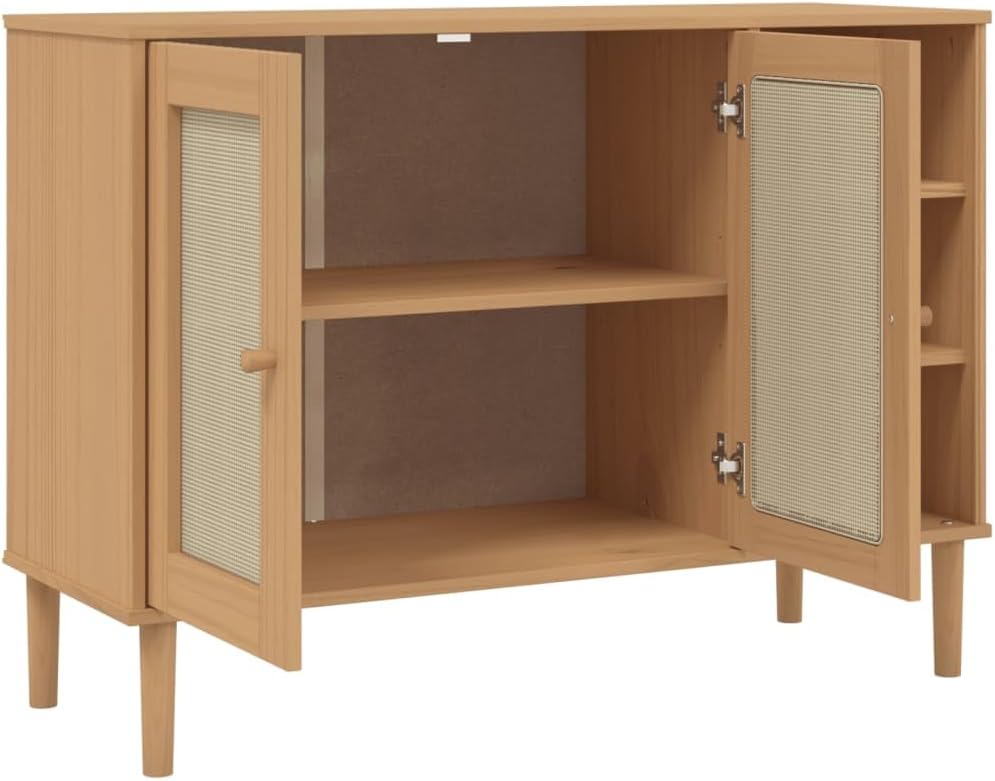 Brown Sideboard with Rattan Look, Solid Pine and Engineered Wood, 5 Compartments for Ample Storage, Modern Buffet Cabinet for Dining Room Living Room Hallway
