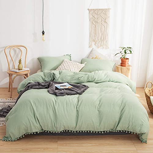 3 Pieces Green Bedding Dark Sea Green Duvet Cover Set Ball Fringe Pattern Design Soft Dark Green Bedding Sets Queen 1 Fringe Duvet Cover 2 Pillowcases (Queen, Dark Sea Green)