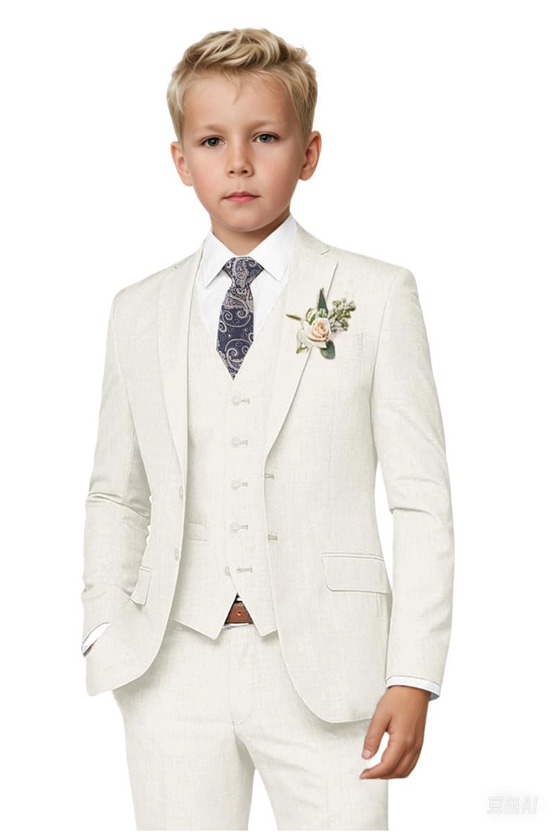 Botong Boys White Linen Suit For Summer Wedding 3 Pc Notch Lapel Kids Tuxedos Toddler Formal Wear 16T