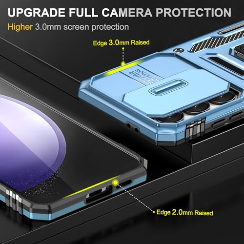 Image of Polycarbonate Slide Camera Cover with Ring Holder Mobile Phone Back Cover for Samsung Galaxy S24 FE (Blue)