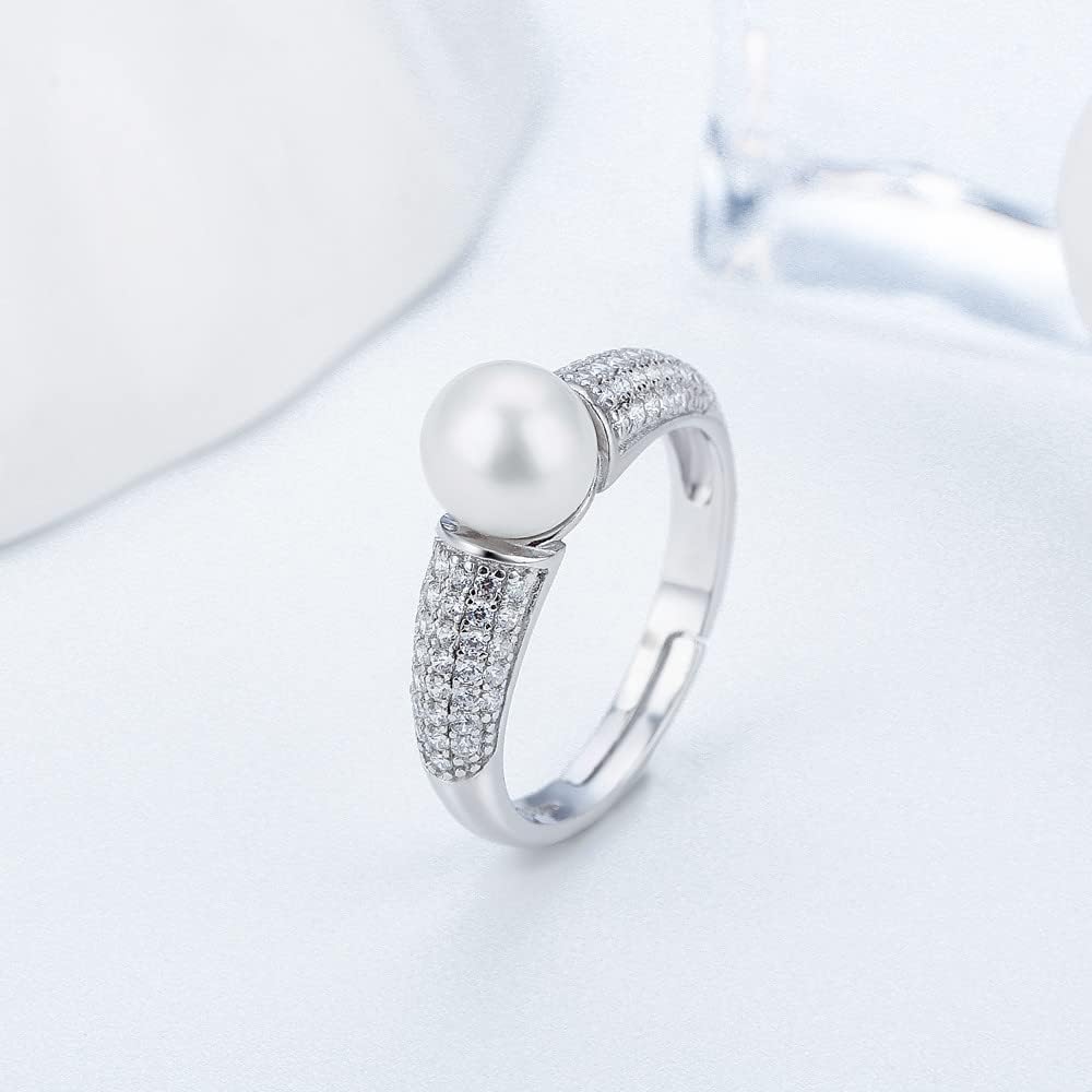 Sterling Silver CZ Simple Elegant Design Adjustable Rings for Women, Design Ring Mounts Fittings with Pearl Seat for DIY Jewelry Making