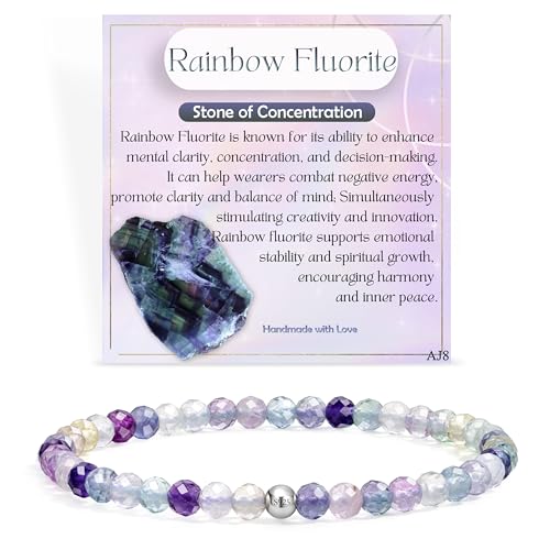 Farfume Regenbogenfluorit-Edelstein Perlen Armband für Frauen, 4mm Kristall Silber 925 Naturstein Schmuck Elastisch Armbänder Damen, Chakra Spirituelle Charms Armbänder Geschenke-M