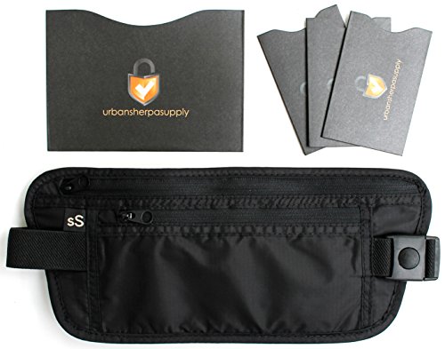Travel Money Belt - Including 1 RFID Blocking Passport Protector and 3 RFID proof Credit Card Sleeves