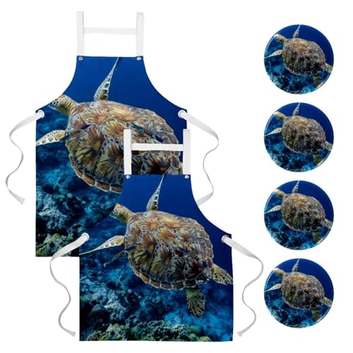 Lot de 2 tabliers de cuisine avec 4 broches et motif tortue de mer
