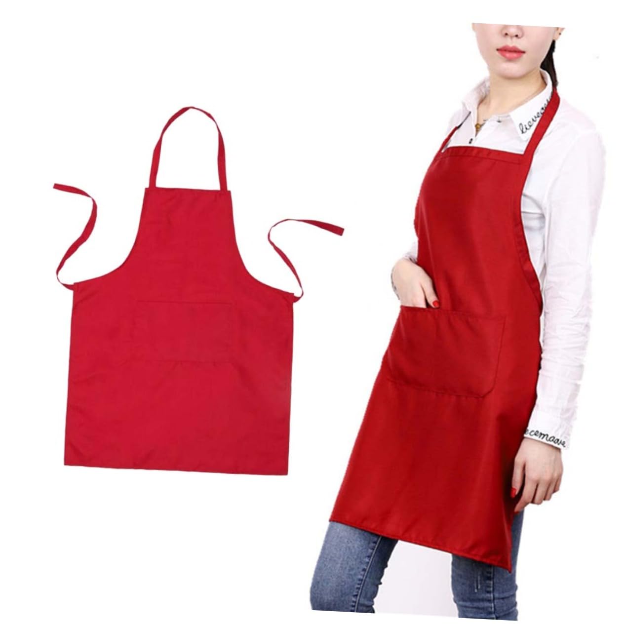DECHOUS 6piezas Delantal De Cocina Bolsillo Para Hogar y Restaurantes Diseño Sin Mangas Fácil De Limpiar Color Rojo