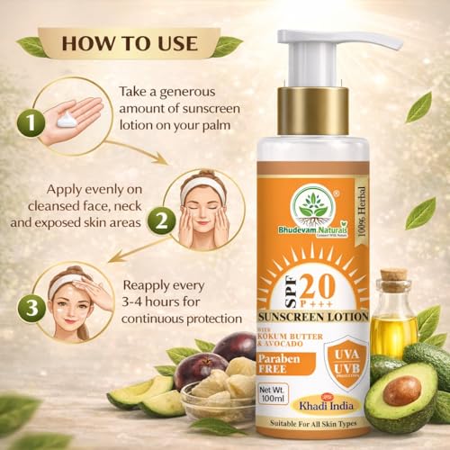 Image of Khadi Sunscreen Lotion SPF 20 with Kokum Butter & Avocado | Protects from Sun Damage & Pigmentation | For Normal, Dry & Sensitive Skin - 100ML