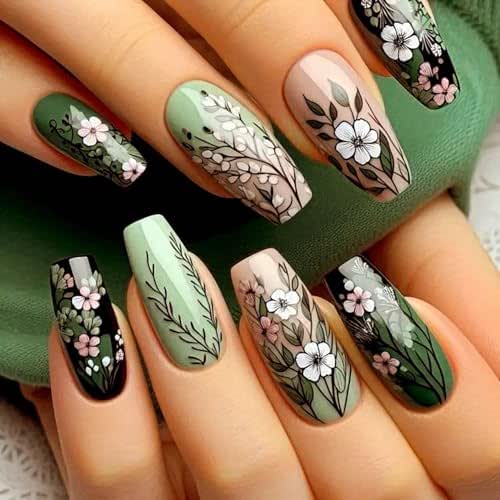 Tyuimhx Flowers Press on Nails Medium Coffin Fake Nails With