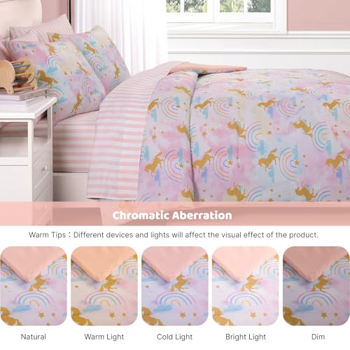 Twin Comforter Set with Sheets for Girls-5 Pieces Twin Bedding Sets with Pink Comforter, Sheets, Pillowcase & Sham for Kids (Gold Unicorn, 66" X 86")
