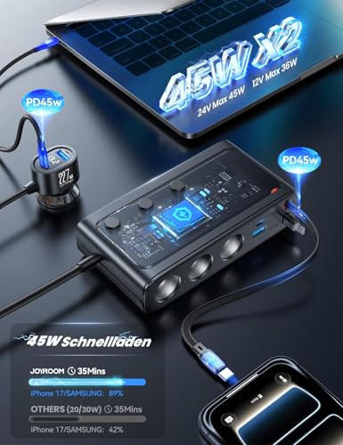 Image of 9 in 1 Cigarette Lighter Splitter, JOYROOM 227W Dual Retractable Car Charger with 45W USB C Fast Charger for iPhone 17, 12V /24V Independent Switches DC Cigarette Outlet Car Charger for All Car Devices