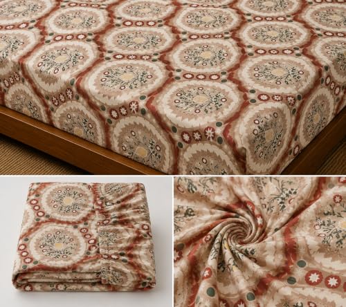 Image of Fitted Bedsheet Ethnic Beige Jaipuri Print Glace Cotton 210 TC | Single Size for Single Bed Fits 3 x 6.25 ft Mattress (36 x 75 Inch) | All Around Elastic | 2 Pillow Cover | 7 Inch Deep Pocket