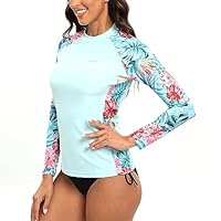 SURFEASY Damen Rash Guard Langarm Sonnenschutz Schnelltrocknend Badeshirt Surf Shirt Schwimmen Bademode(Hellblau Floral,M)