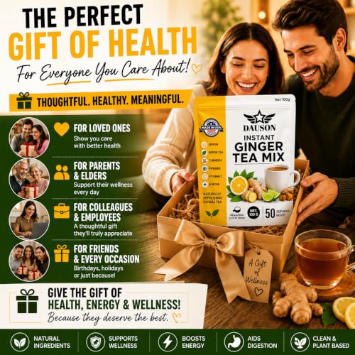 Image of Ginger Tea Powder Mix for Digestion, Detox & Immune Support with Turmeric, Lemon, Licorice Root, Green Tea & Vitamin C, Herbal Tea Blend, Vegan, Caffeine Free, 50 Servings