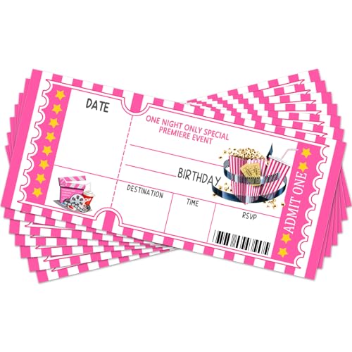 Movie Night Ticket Birthday Invitation, Movie Themed Birthday Party Invitation Cards for Teens and Adults, Party Celebration Supplies, Movie Ticket 20 Invitations with Envelopes for Birthday Party