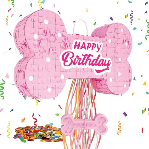 MUWOOB Dog Bone Pinata for Puppy Birthday Party Decorations, Pull String Pinata for Dog Themed Party Supplies, Pink Bones (16 x 10 x 3 inches)