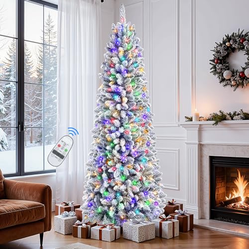 SHareconn 7ft Pencil Christmas Tree, Snow Flocked Artificial Hinged Xmas Tree with Warm...
