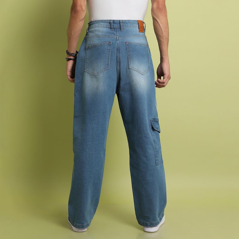 Image of Campus Sutra Men's Light Blue Asymmetrical Stitch Denim Jeans for Everyday Wear | Light-Wash | Button Closure | Regular Fit | Denim Jeans Crafted with Comfort Fit for Everyday Wear (36)
