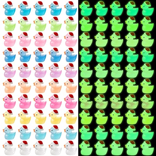 Haooryx 100 peças de mini patos de resina de Natal luminosos chapéu de Natal em miniatura figuras de