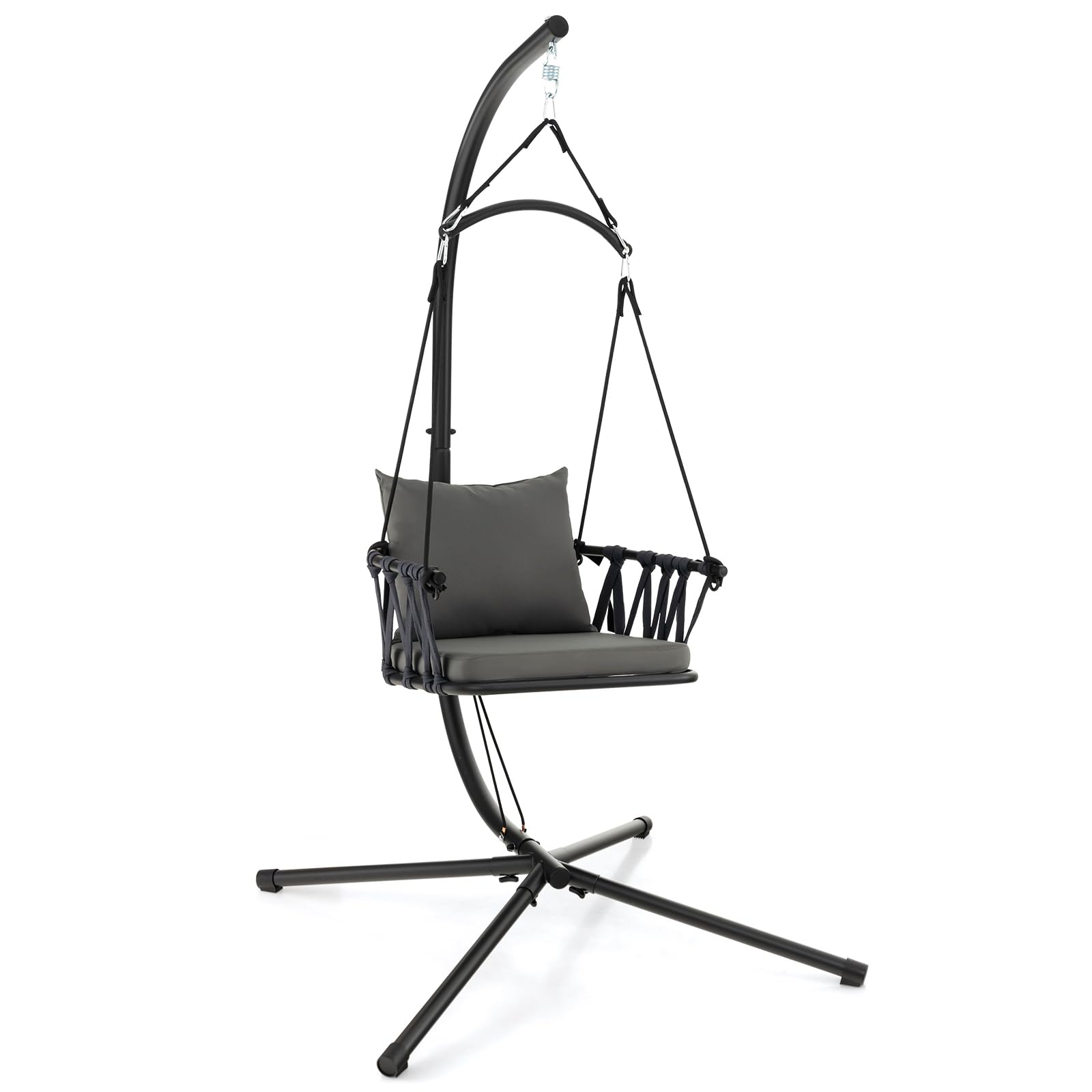 DREAMADE Chaise Suspendue Pliable avec Support Métallique,Balançoire avec Coussin&Oreiller&Dossier en Corde Tissée,Chaise Hamac Suspendue Intérieur Extérieur Charge de 150KG