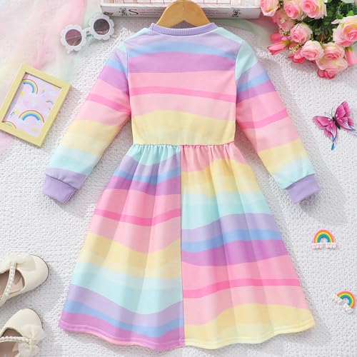 Image of Tkria Toddler Girls Rainbow Dress Striped Fall Dress Cartoon Colourful Long Sleeve Casual Dressy 2-7T