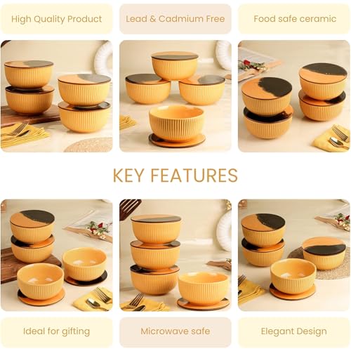 Image of The Earth Store Yellow Fringe Ceramic Bowl with Lid Set of 4, 550ML | Multipurpose Uses Coaster /Lid | Dishwasher & Microwave Safe Bowl | Ideal for Rice, Dal, Fruits, Salad, Snack, Mixing Bowl