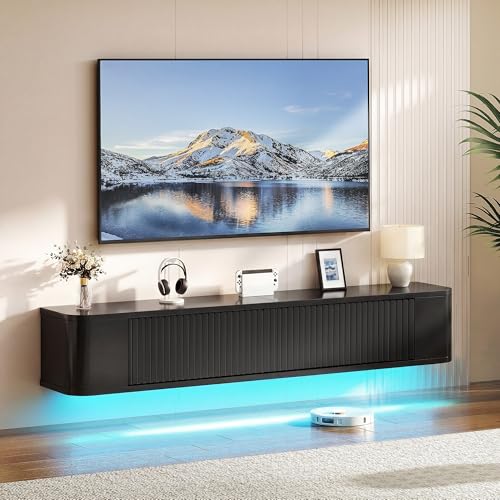 YITAHOME Meuble TV Flottant de 140 cm, étagères murales avec lumière LED RVB, Console multimédia TV, Noir Brillant, Grand Espace de Rangement pour Salon et...