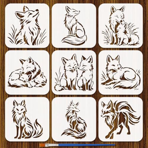 FINGERINSPIRE 9PCS Fox Stencils with Brush 5.9x5.9inch Sitting Fox Stencil Running Fox Stencil Animal Theme Drawing Template for Painting on Wood Wall Furniture DIY Home Decoration